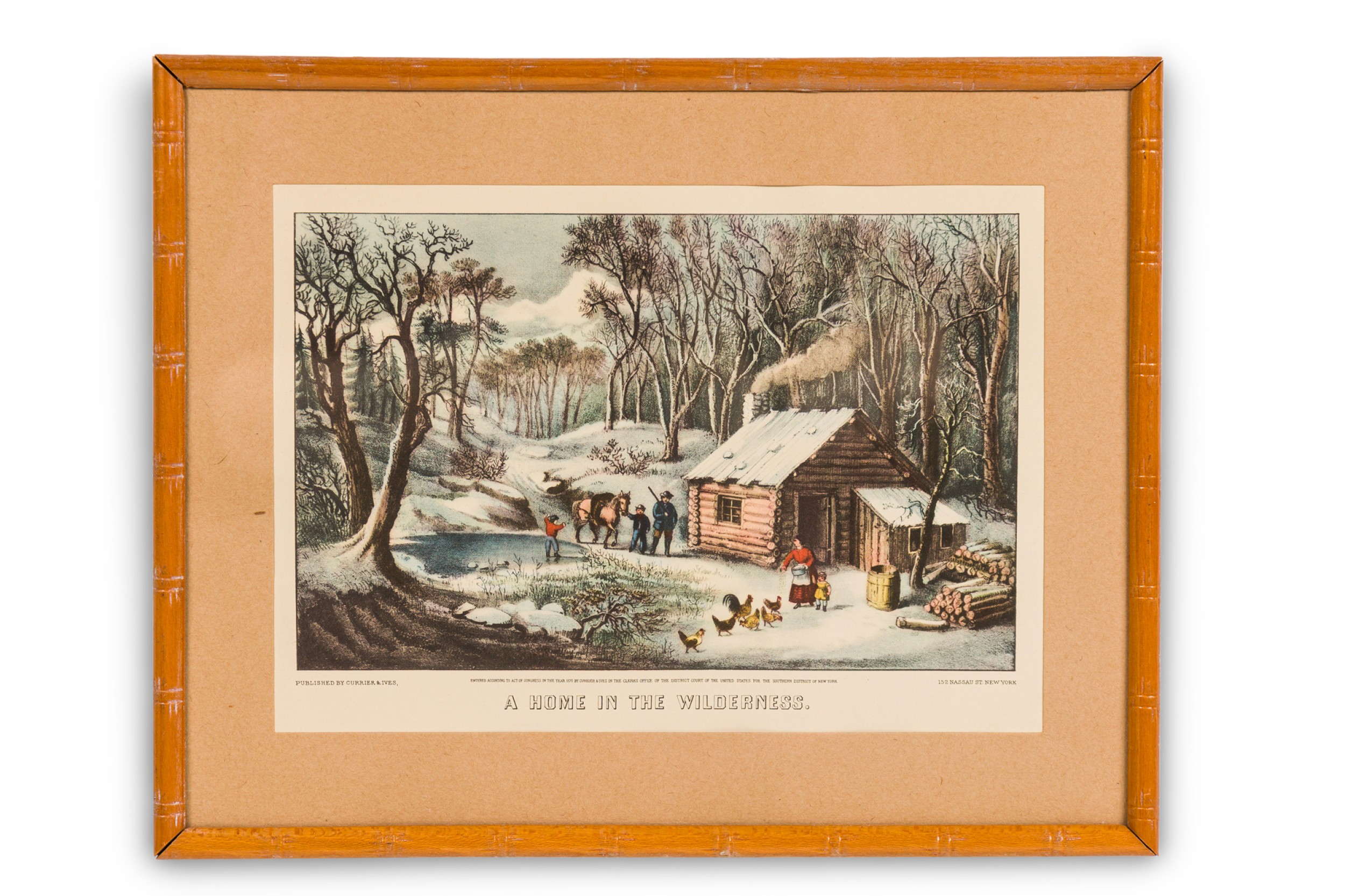 American country genre scene of people near a cabin in the woods titled a home in the wilderness